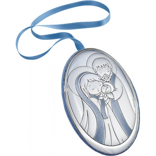 Medalla de cuna Sagrada Familia, de color azul en plata bilaminada. Trasera en piel sintética de color azul.